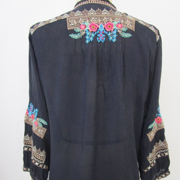 Wounded Navy Floral Embroidery Top Blouse Rayon Crinkle Bohemian - Picture 8 of 9